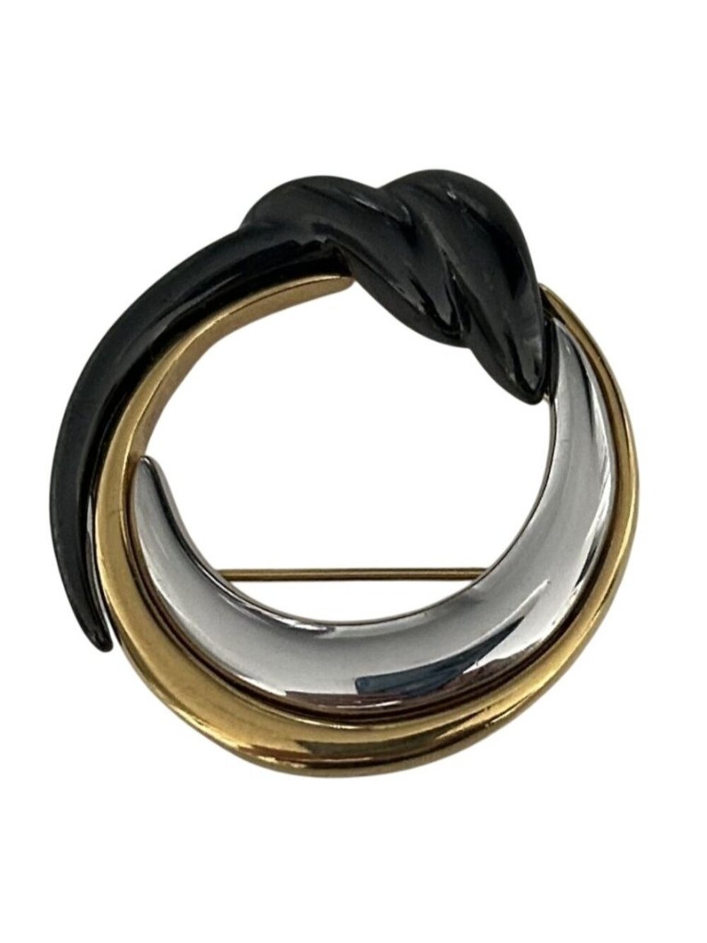 Vintage Monet Signed Modernist Tri-Tone Swirl Brooch Black Enamel Gold Silver